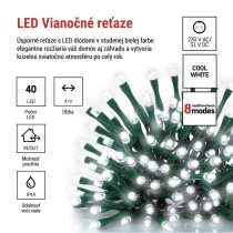 LED vianočná reťaz, 4 m, vonkajšia aj vnútorná, studená biela, programy, časovač