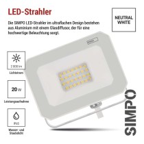 LED reflektor SIMPO 20W, weiß, IP65, 2000 lm, neutralweiß