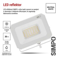 LED reflektor SIMPO 30W, bel, IP65, 3000 lm, nevtralna bela