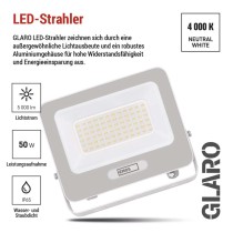 LED reflektor GLARO 50W, weiß, IP65, 5000 lm, neutralweiß