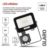 LED reflektor GLARO PIR 10 W, črni, IP54, 1000 lm, nevtralna bela