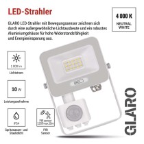 LED reflektor GLARO mit Bewegungssensor, 10 W,weiß, IP54, 1000 lm, neutralweiß