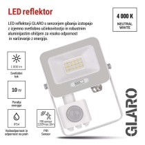LED reflektor GLARO PIR 10 W, bel, IP54, 1000 lm, nevtralna bela