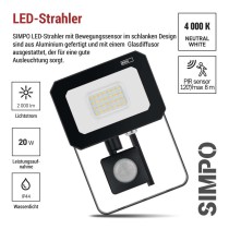LED reflektor SIMPO mit Bewegungssensor, 20 W, neutralweiß