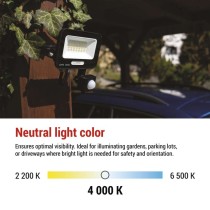 LED reflektor GLARO s pohybovým čidlem, 20 W, černý, IP54, 2000 lm, neutrální bílá
