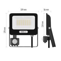 LED reflektor GLARO s pohybovým čidlem, 30 W, černý, IP54, 3000 lm, neutrální bílá