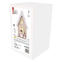 LED dekoráció, fa – házikó hóemberekkel, 28,5 cm, 2x AA, beltéri, meleg fehér, időzítő