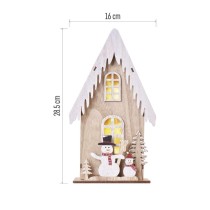 LED dekoráció, fa – házikó hóemberekkel, 28,5 cm, 2x AA, beltéri, meleg fehér, időzítő