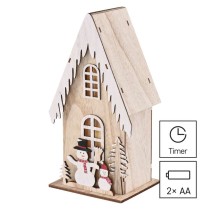 LED dekoráció, fa – házikó hóemberekkel, 28,5 cm, 2x AA, beltéri, meleg fehér, időzítő