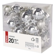 LED karácsonyi fényfüzér – ezüst gömb csillagokkal,1,9m, 2xAA, beltéri, meleg fehér, időz.