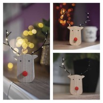 LED dekoráció, fa -rénszarvas, 16 cm, 2x AAA, beltéri, meleg fehér, időzítő, 12db, display