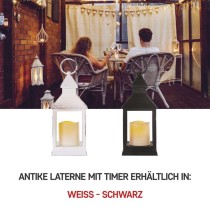 LED Dekoration – Laterne antik weiß blinkend, 3x AAA, Innen, Vintage, Timer