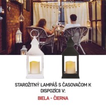 LED dekorácia – lampáš antik biela blikajúca, 3x AAA, vnútorný, vintage, časovač