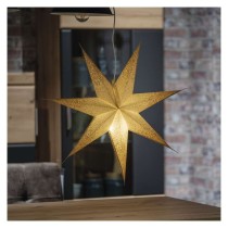 LED papírcsillag, függeszthető, arany csillámporos a szélein, fehér, 60 cm, beltéri