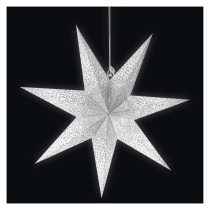 LED papírcsillag, függeszthető, ezüst csillámporos középen, fehér, 60 cm, beltéri