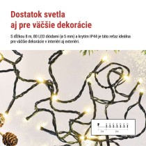 LED vianočná reťaz, 8 m, vonkajšia aj vnútorná, teplá biela, programy, časovač