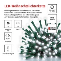 LED Weihnachtliche Lichterkette, 8 m, Außen/Innen, kaltweiß, Programme, Timer