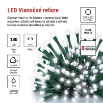 LED vianočná reťaz, 18 m, vonkajšia aj vnútorná, studená biela, programy, časovač