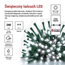 Lampki choinkowe Classic 240 LED 24m zimna biel, zielony przewód, IP44, 8 programów, timer