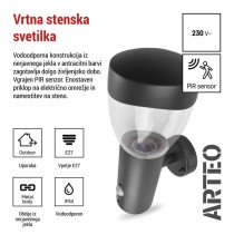 Vrtna stenska svetilka ARTEO s PIR senzorjem, 16,4 x 12 x 29,5 cm, 1 x E27, 15 W