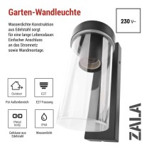 Garten-Wandleuchte ZALA,  12,8 × 8,0 × 23,0 cm, 1 × E27, 15 W
