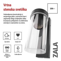 Vrtna stenska svetilka ZALA, 12,8 × 8,0 × 23,0 cm, 1 × E27, 15 W