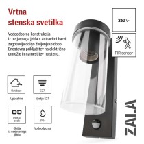 Vrtna stenska svetilka ZALA s PIR senzorjem, 12,8 x 8 x 28 cm, 1 x E27, 15 W