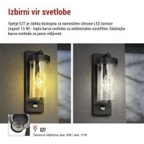 Vrtna stenska svetilka ZALA s PIR senzorjem, 12,8 x 8 x 28 cm, 1 x E27, 15 W