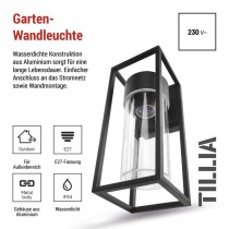 Garten-Wandleuchte TILLIA, 12,8 x 11 x 27 cm, 1 x E27, 15 W