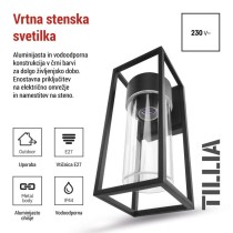Vrtna stenska svetilka TILLIA, 12,8 x 11 x 27 cm, 1 x E27, 15 W