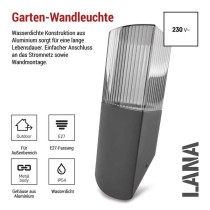 Garten-Wandleuchte LANA, 10,6 x 8,8 x 28,6 cm, 1 x E27, 25 W