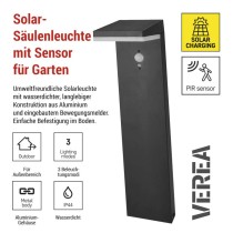 LED Solar-Garten-Wandleuchte VEREA mit Dämmerungssensor, 10,7 x 15,4 x 50 cm