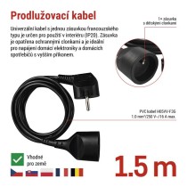 Prodlužovací kabel 1,5 m / 1 zásuvka / černý / PVC / 1 mm2