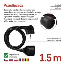 Przedłużacz 1,5 m / 1 gniazdo / czarny / PVC / 1 mm2