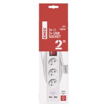 Prodlužovací kabel 2 m / 3 zásuvky / s vypínačem / bílý / PVC / s USB / 1,5 mm2