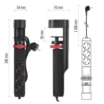 Verlängerungskabel 1,5m/3 Steckdosen/Schalter/Schreibtischmontage/USB/schwarz/PVC/1,5mm2 