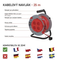 Prodlužovací kabel na bubnu, pevný střed / 25m / 4 zásuvky / červený / PVC / 230V / 1,5mm2