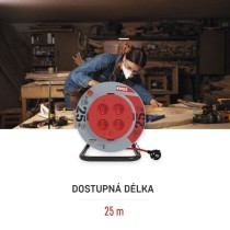 Prodlužovací kabel na bubnu, pevný střed / 25m / 4 zásuvky / červený / PVC / 230V / 1,5mm2