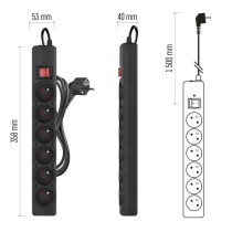 Přepěťová ochrana – 6 zásuvek, 1,5 m, černá