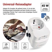 Universal Reiseadapter für Ausland – Amerika, Asien, Afrika, 1×USB-C, 1×USB-A