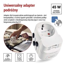 Adapter podróżny do Ameryki, Afryki i Azji, biały, 1×USB-C, 1×USB-A
