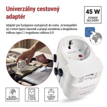 Cestovný univerzálny adaptér do zahraničia (USA, Ázia, Afrika), 1×USB-C, 1×USB-A