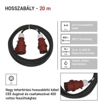 3 fázisú kültéri hosszabbító 20 m / 1 aljzat / fekete / gumi / 400 V / 2,5 mm2