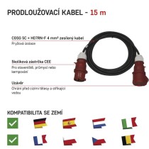 3 fázový venkovní prodlužovací kabel 15 m / 1 zásuvka / černý / guma / 400 V / 4 mm2