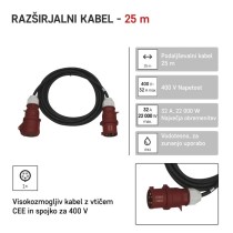 3 fazni zunanji podaljšek 25 m / 1 vtičnica / črni / guma / 400 V / 4 mm2