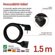 Hosszabbító 1,5 m / 1 aljzat / fekete / PVC / 1,5 mm2