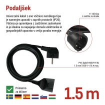 Podaljšek 1,5 m / 1 vtičnica / črn / PVC / 1,5 mm2