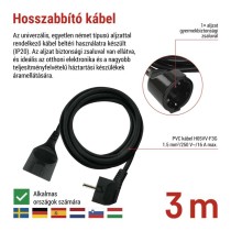 Hosszabbító 3 m / 1 aljzat / fekete / PVC / 1,5 mm2