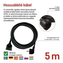 Hosszabbító 5 m / 1 aljzat / fekete / PVC / 1,5 mm2