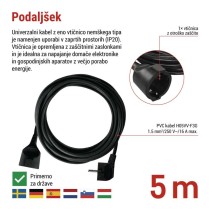 Podaljšek 5 m / 1 vtičnica / črn / PVC / 1,5 mm2